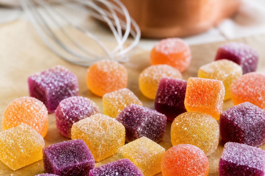 Bonbons maison gélifiés aux fruits préparés sur papier cuisson